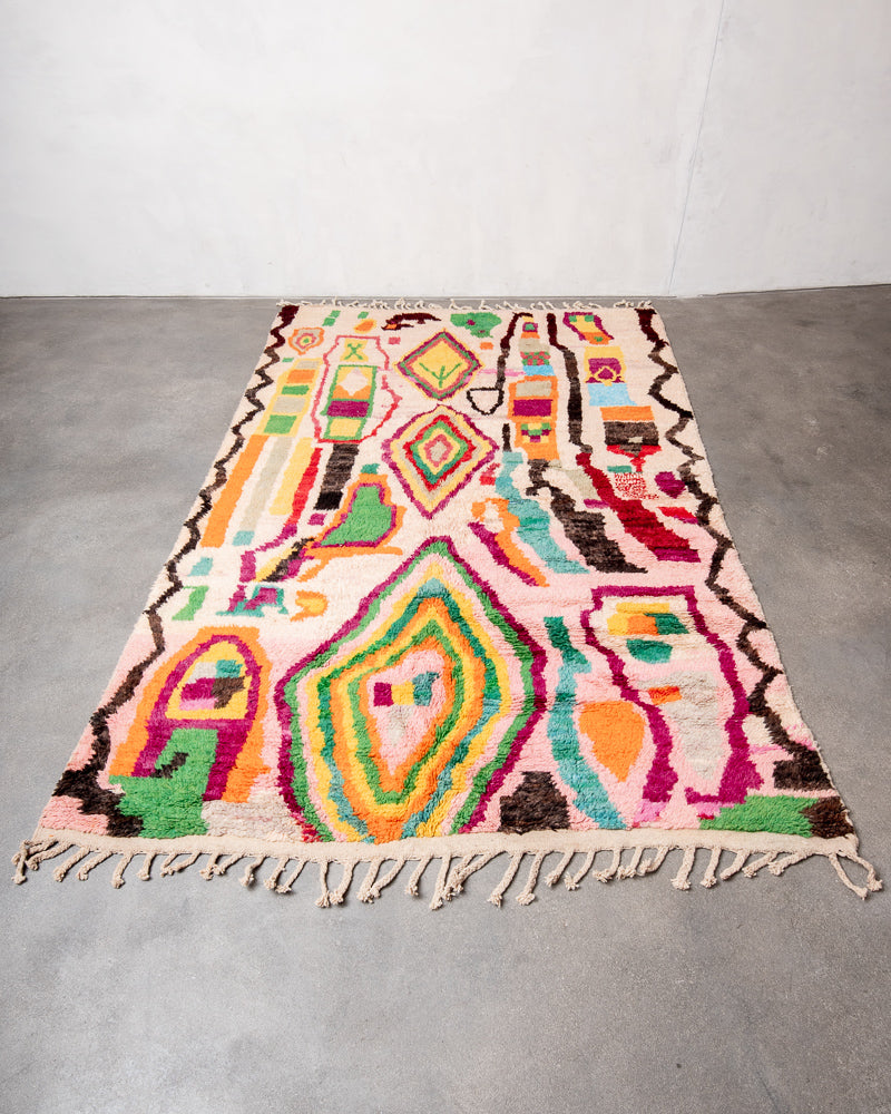 Modern, designer, handcrafted Berber rug from Morocco. Vintage carpet with beautiful colours and patterns and fluffy texture.